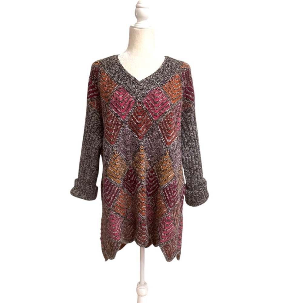Makipi Diamond Weave Alpaca Wool Sweater Dress Tunic Zig Zag Hem Size L Artsy